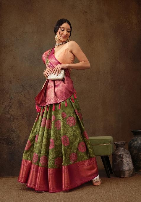 Olive Printed Kanjeevaram Silk Saree