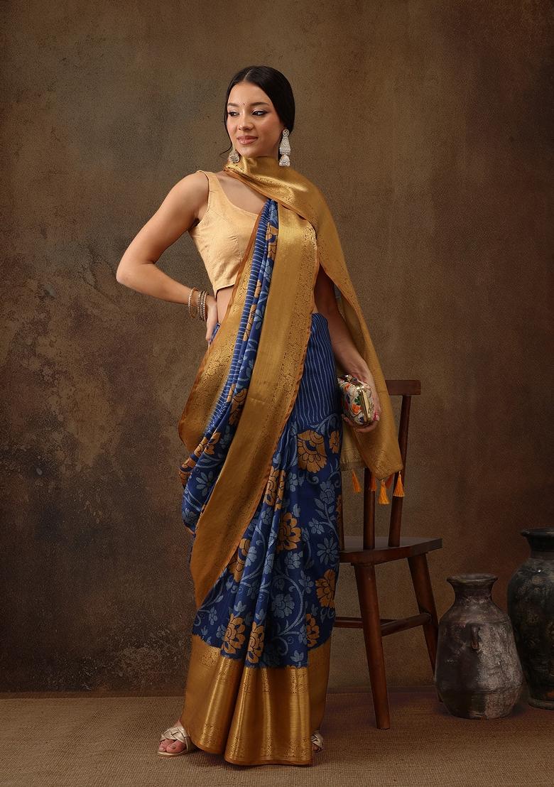 Blue Printed Kanjeevaram Silk Saree