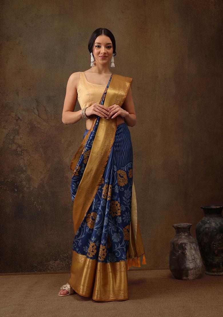 Blue Printed Kanjeevaram Silk Saree