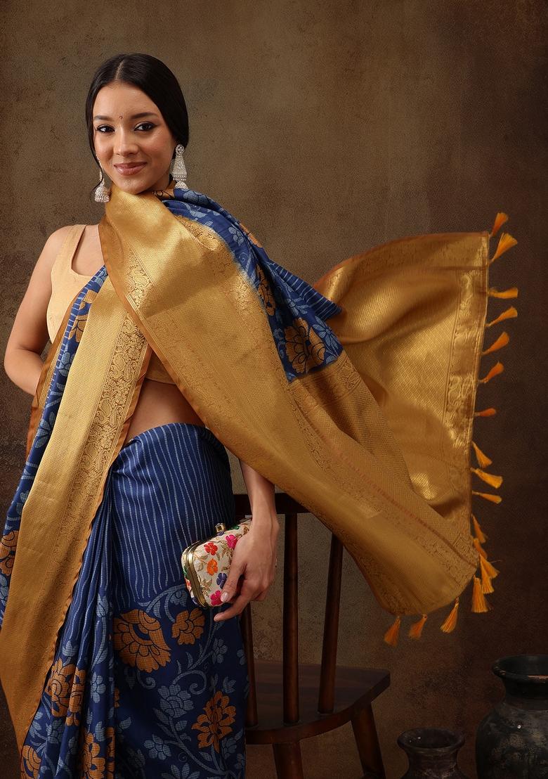 Blue Printed Kanjeevaram Silk Saree