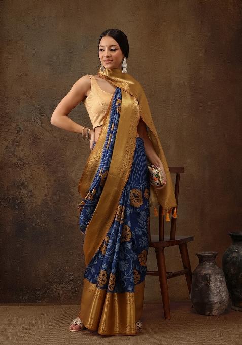 Blue Printed Kanjeevaram Silk Saree
