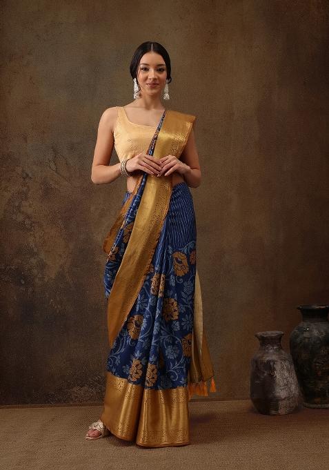 Blue Printed Kanjeevaram Silk Saree