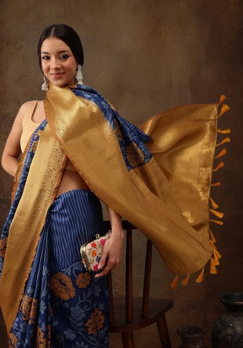 Blue Printed Kanjeevaram Silk Saree