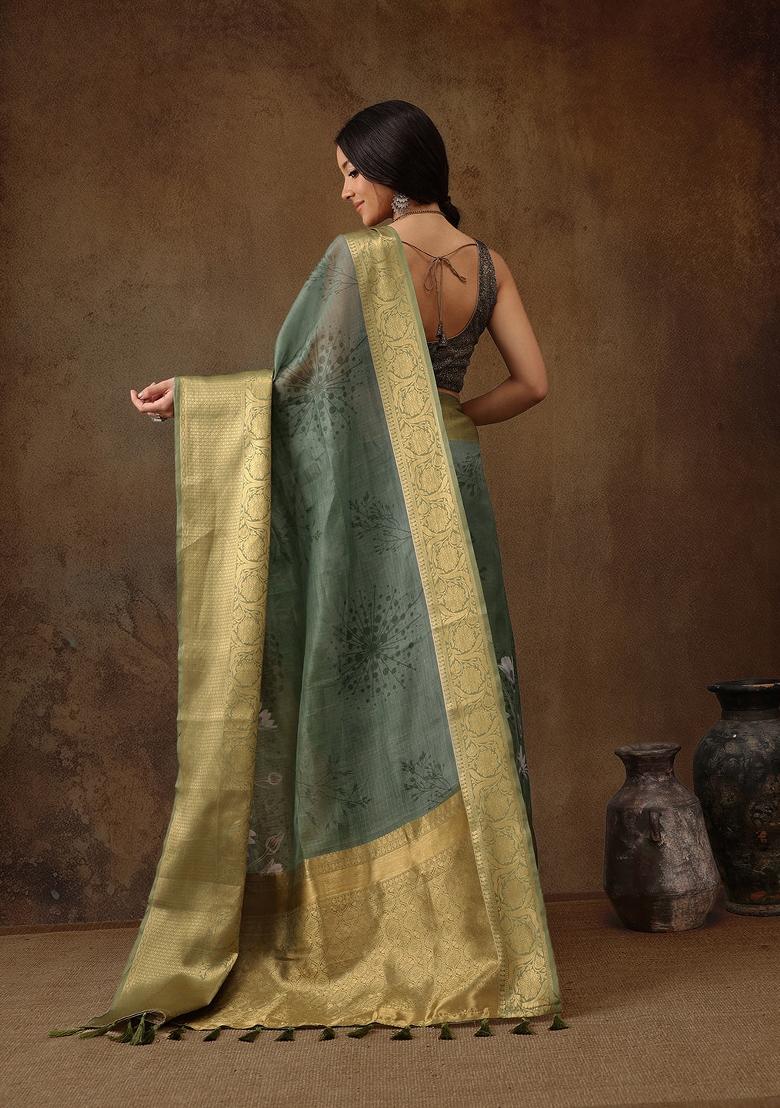 Green Printed Munga Silk Saree