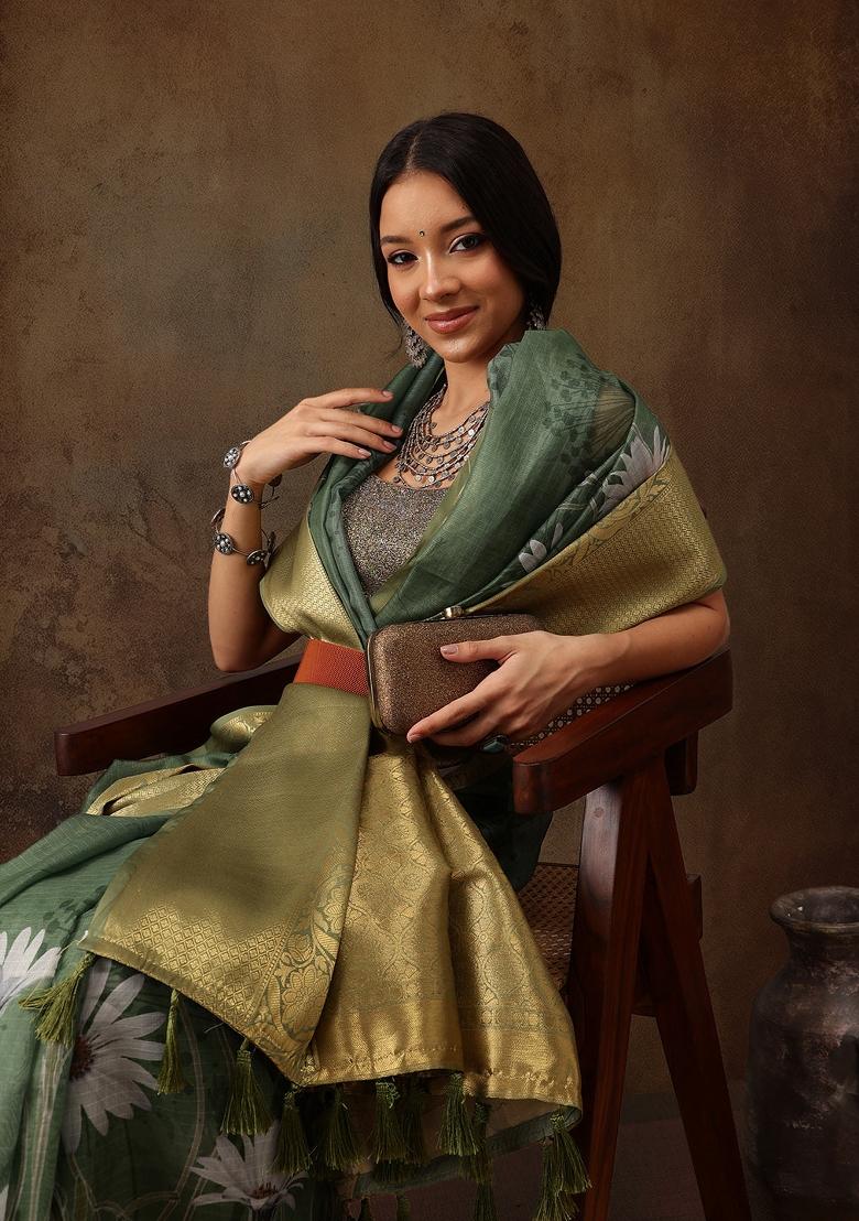 Green Printed Munga Silk Saree