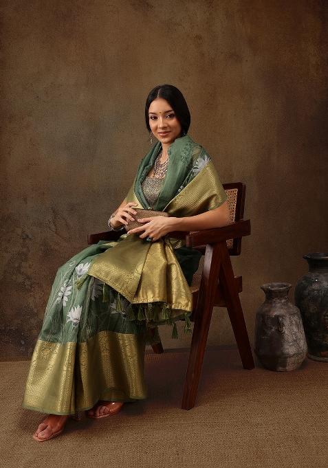 Green Printed Munga Silk Saree