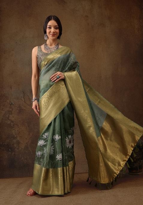Green Printed Munga Silk Saree