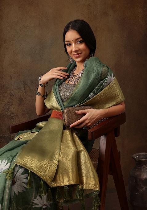 Green Printed Munga Silk Saree