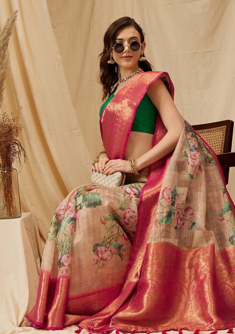 Peach Printed Munga Silk Saree