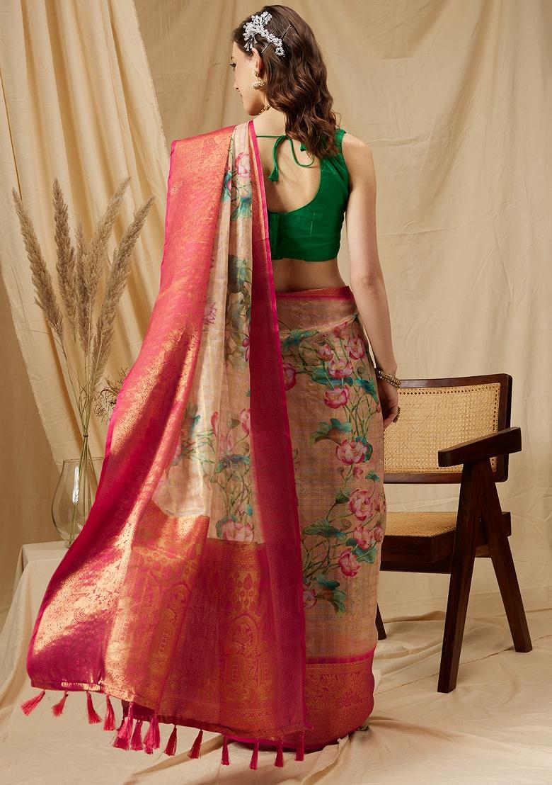 Peach Printed Munga Silk Saree