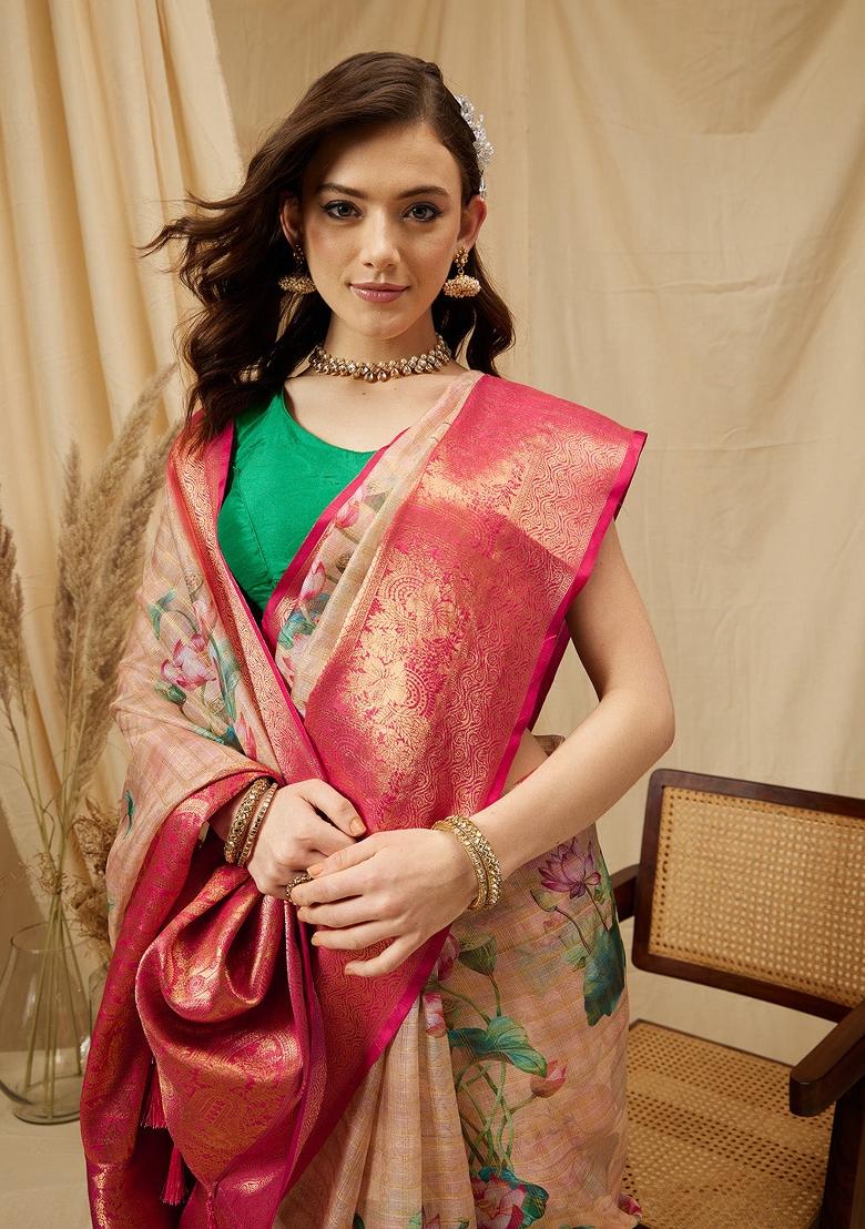 Peach Printed Munga Silk Saree