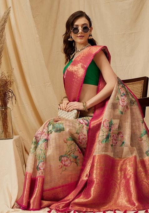 Peach Printed Munga Silk Saree