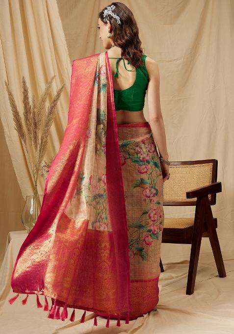 Peach Printed Munga Silk Saree