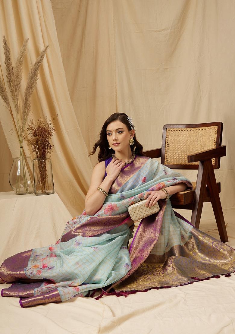 Sky Blue Printed Munga Silk Saree