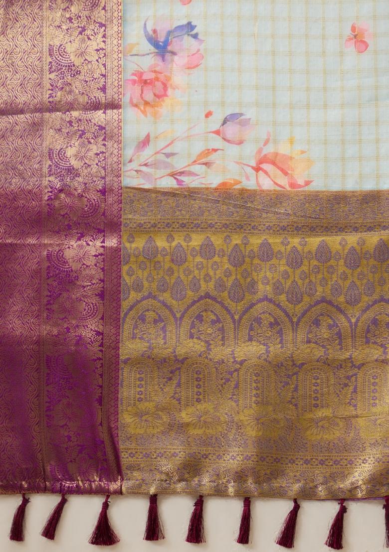 Sky Blue Printed Munga Silk Saree