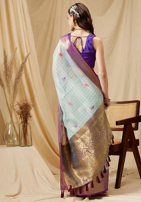 Sky Blue Printed Munga Silk Saree