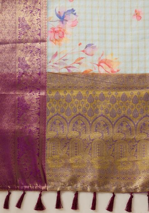 Sky Blue Printed Munga Silk Saree