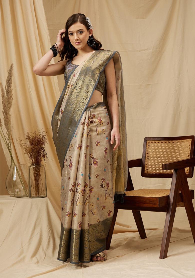 Beige Printed Tissue Silk Saree