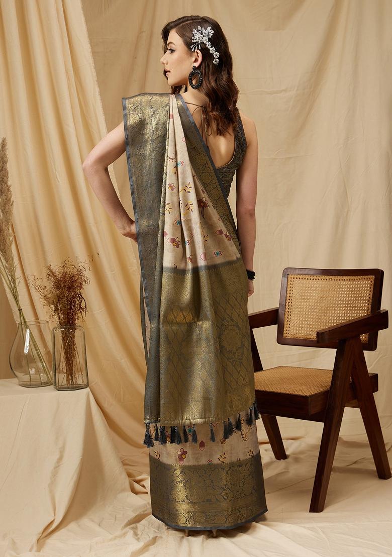Beige Printed Tissue Silk Saree