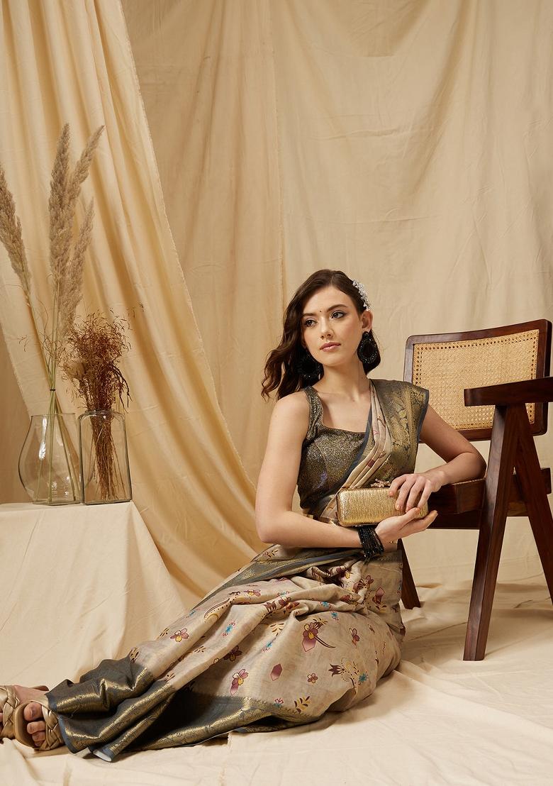 Beige Printed Tissue Silk Saree