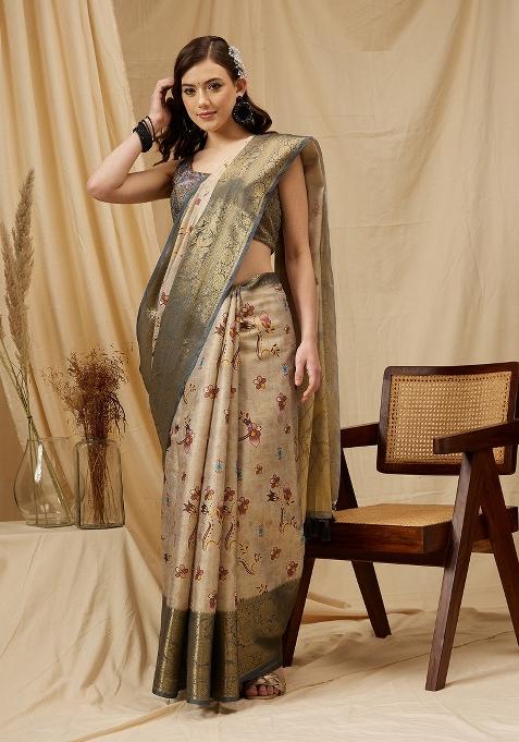 Beige Printed Tissue Silk Saree