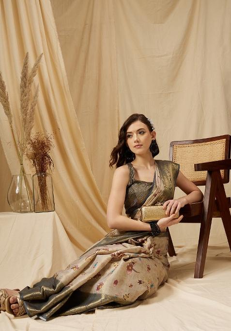 Beige Printed Tissue Silk Saree