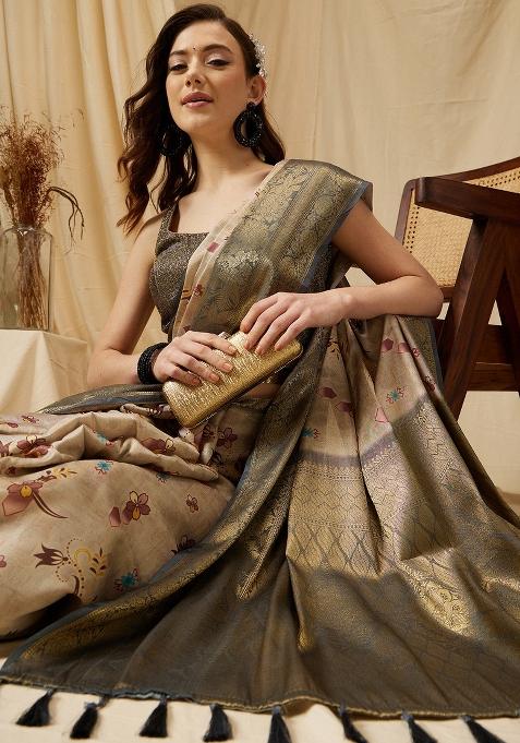 Beige Printed Tissue Silk Saree