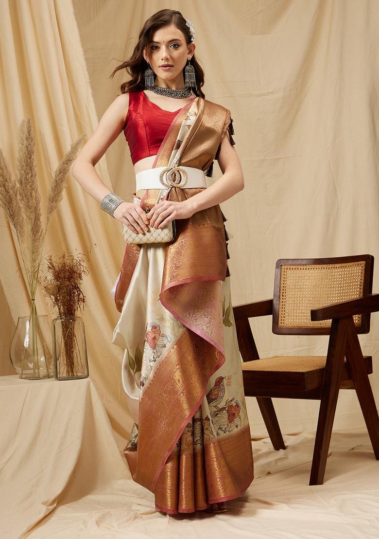 Beige Printed Kanjeevaram Silk Saree