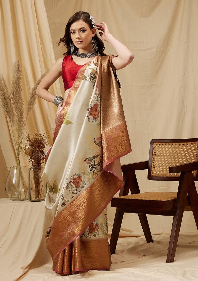 Beige Printed Kanjeevaram Silk Saree