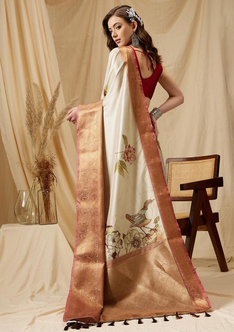 Beige Printed Kanjeevaram Silk Saree