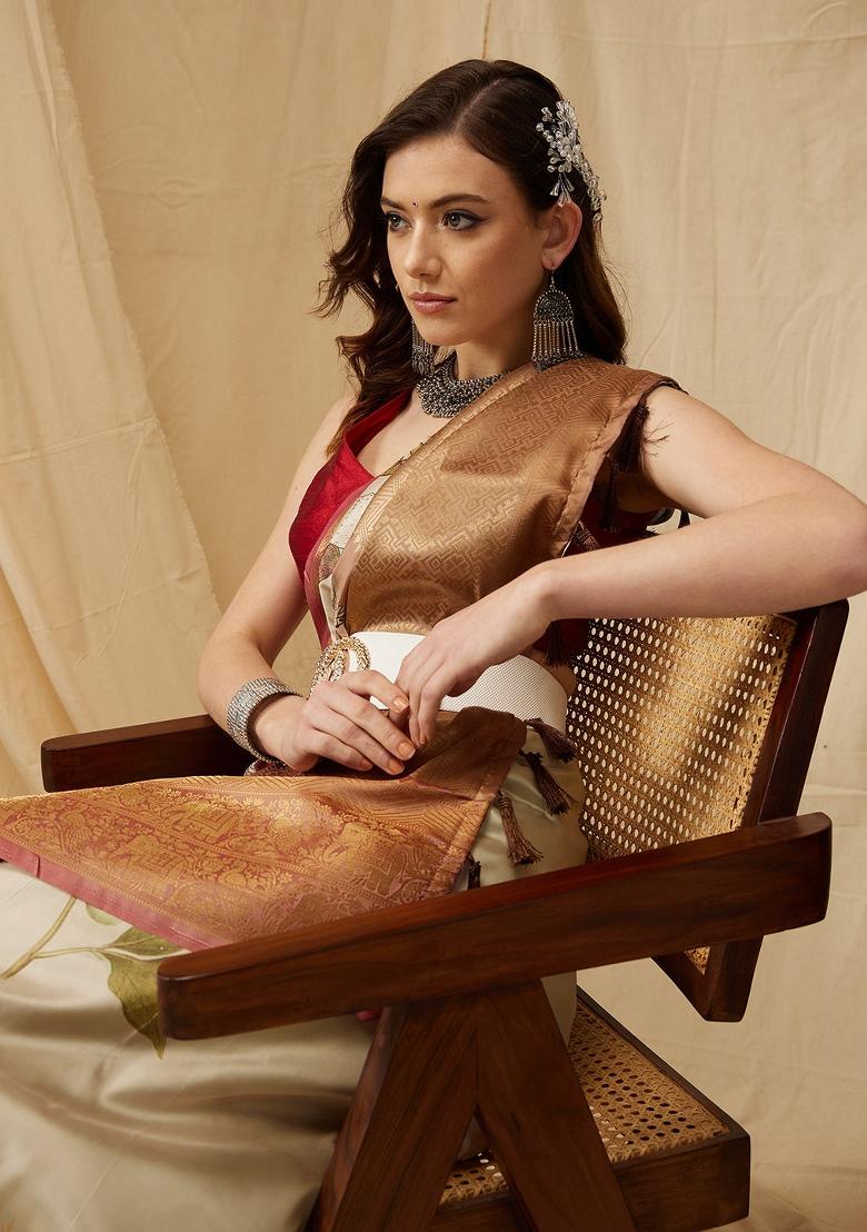 Beige Printed Kanjeevaram Silk Saree