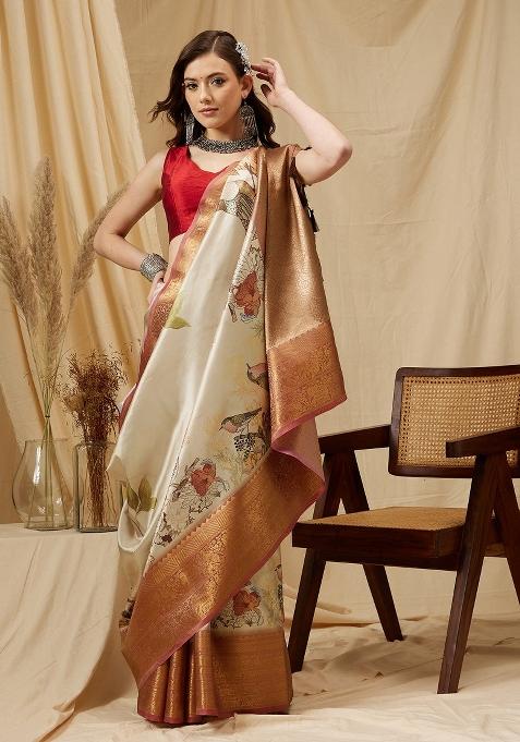 Beige Printed Kanjeevaram Silk Saree
