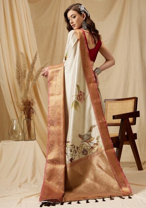 Beige Printed Kanjeevaram Silk Saree