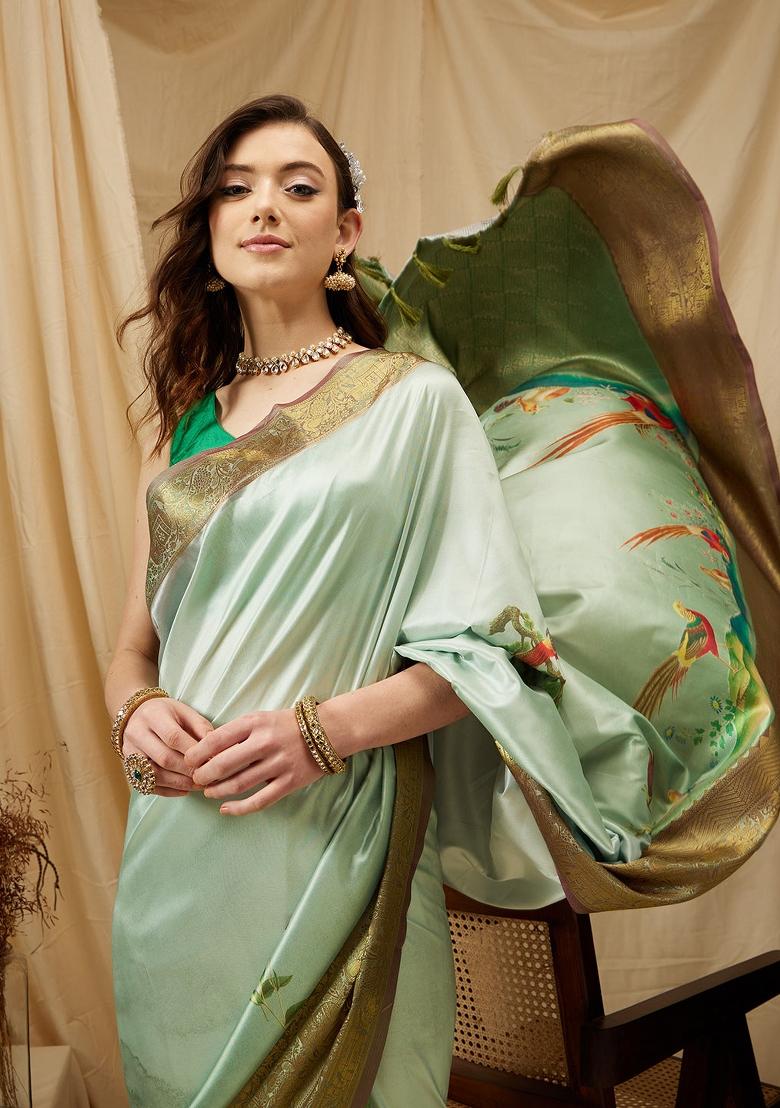 Olive Printed Kanjeevaram Silk Saree