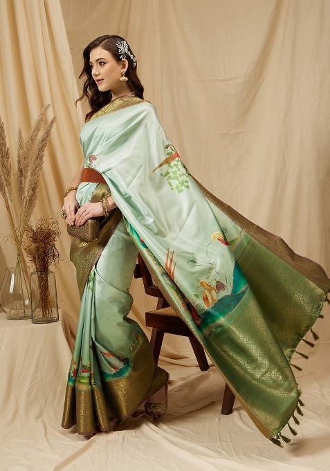 Olive Printed Kanjeevaram Silk Saree