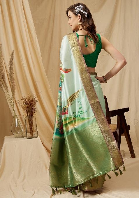Olive Printed Kanjeevaram Silk Saree