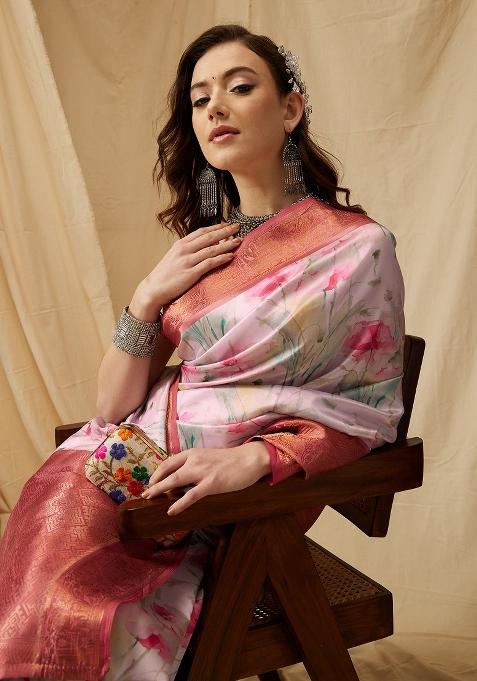 Pink Printed Kanjeevaram Silk Saree