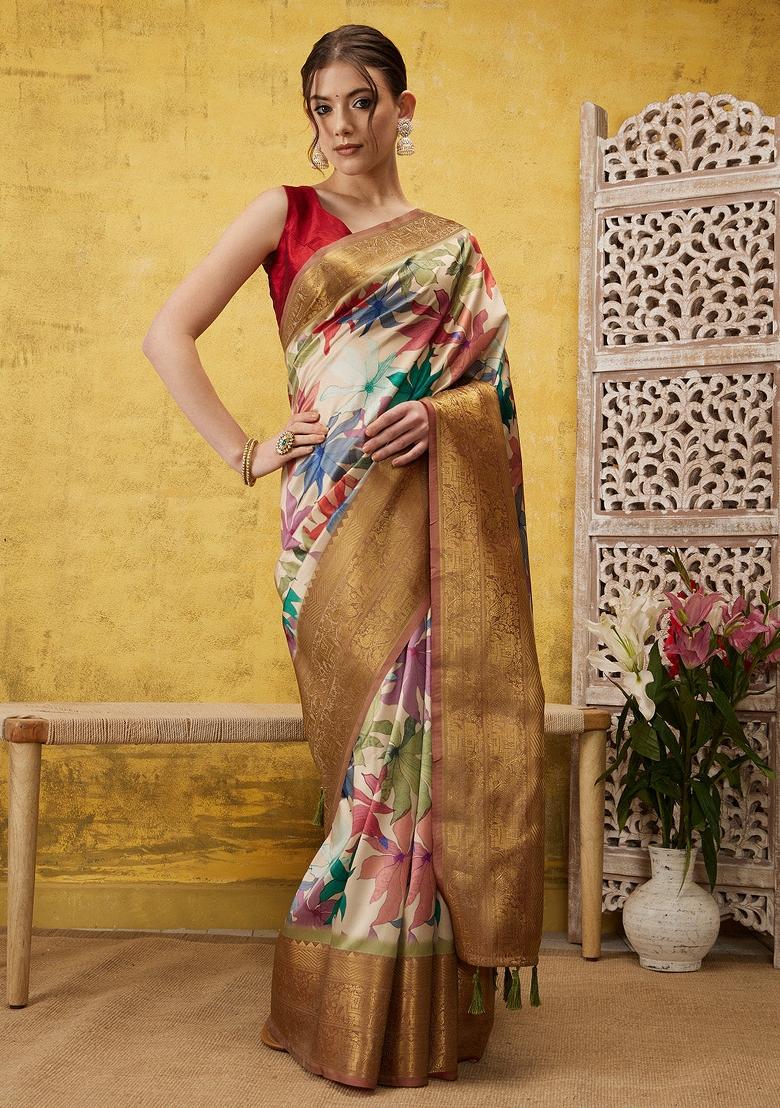 Beige Printed Kanjeevaram Silk Saree