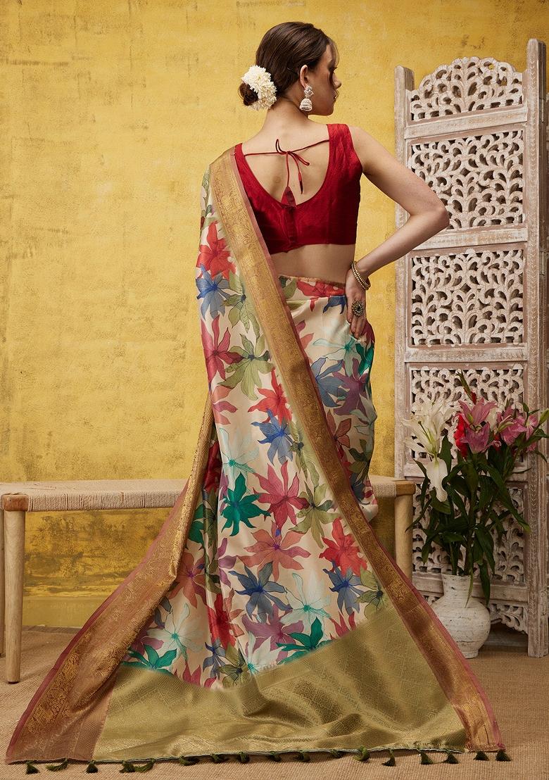 Beige Printed Kanjeevaram Silk Saree