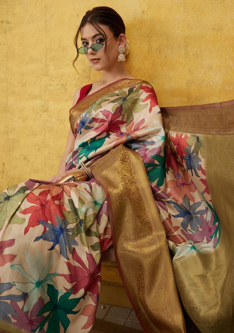 Beige Printed Kanjeevaram Silk Saree