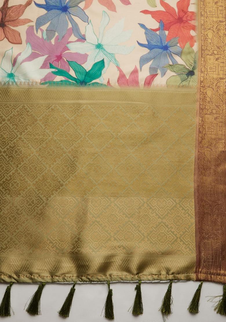 Beige Printed Kanjeevaram Silk Saree
