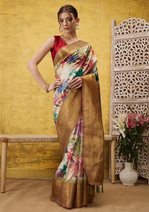 Beige Printed Kanjeevaram Silk Saree