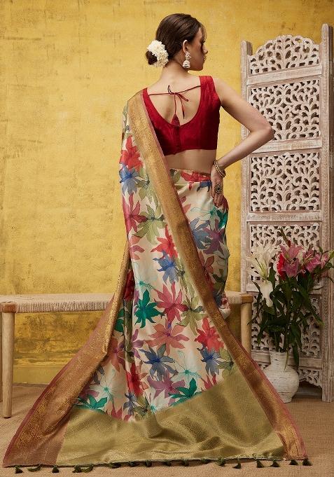 Beige Printed Kanjeevaram Silk Saree