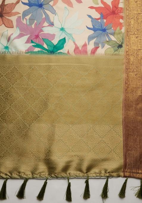 Beige Printed Kanjeevaram Silk Saree