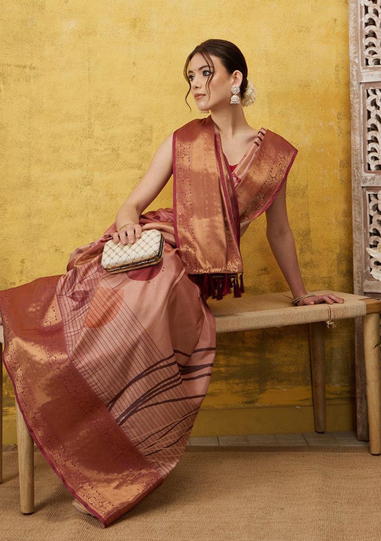 Peach Printed Tusser Silk Saree