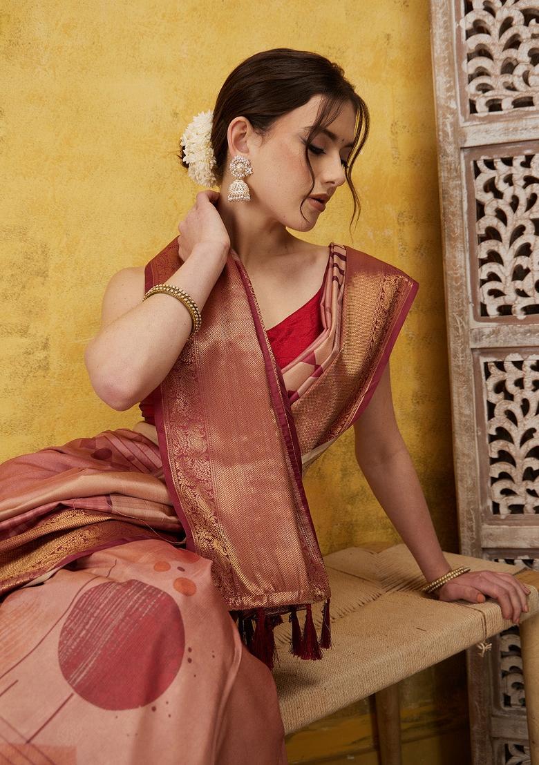 Peach Printed Tusser Silk Saree