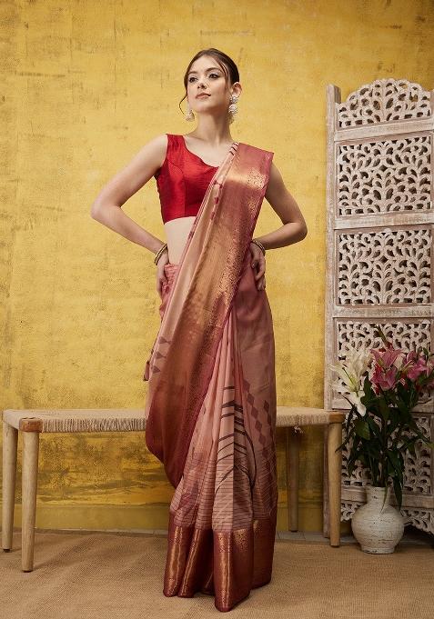 Peach Printed Tusser Silk Saree