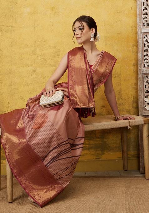 Peach Printed Tusser Silk Saree