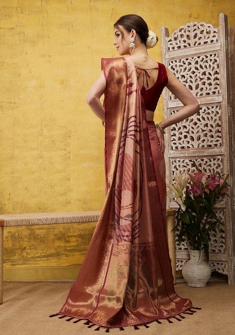Peach Printed Tusser Silk Saree