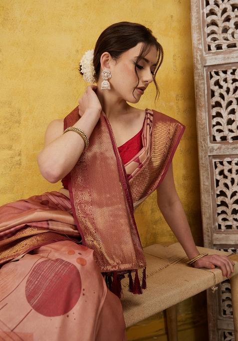 Peach Printed Tusser Silk Saree